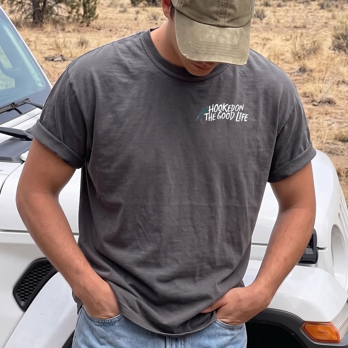Hooked on the Good Life T-Shirt Men model in Pepper
