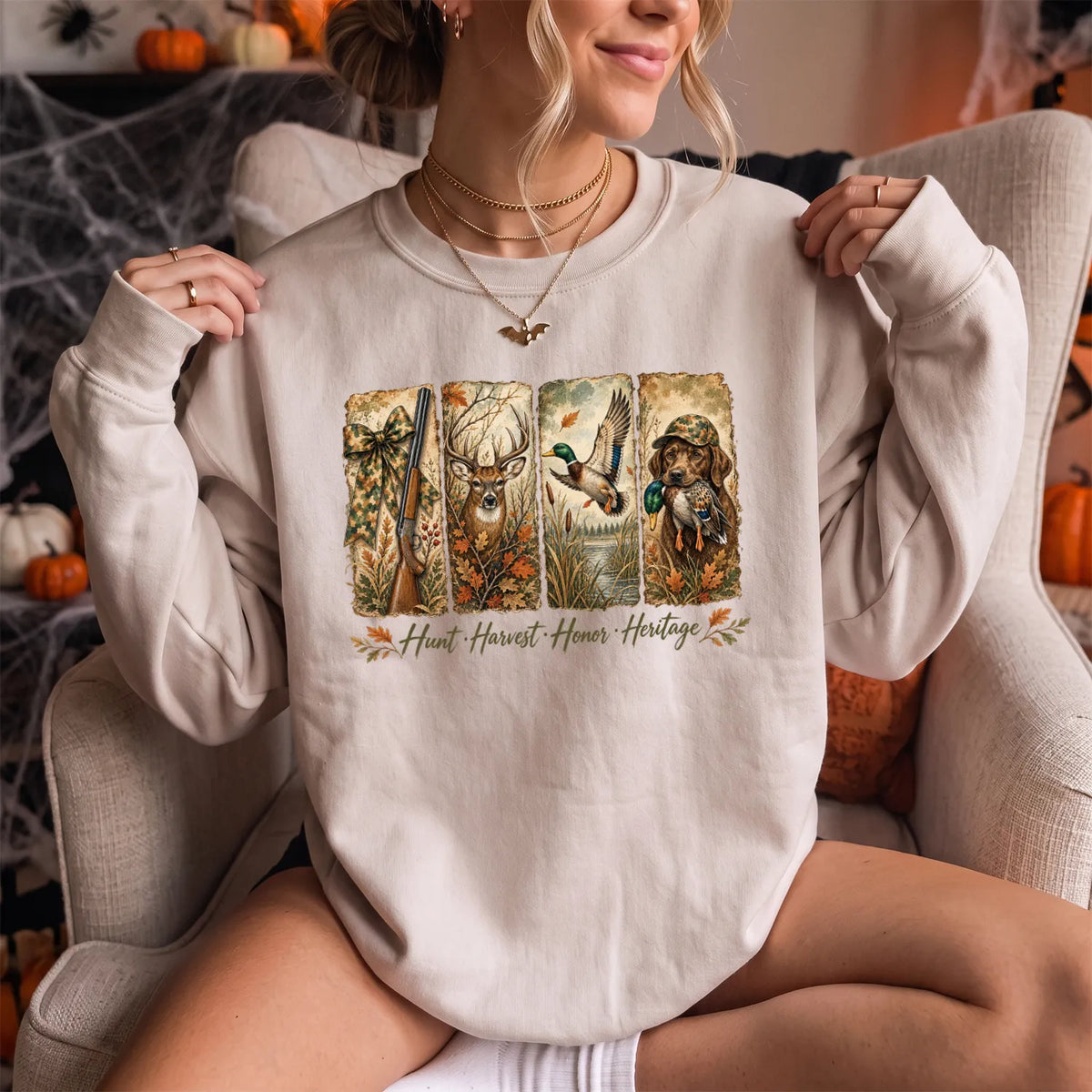 Hunt Harvest Honor Heritage Sweatshirt Women model in Sand
