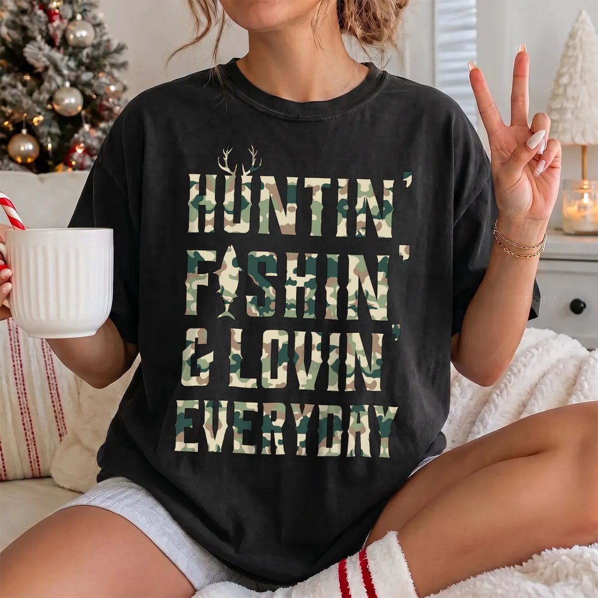 Huntin Fishin Lovin T-Shirt Women model in Black