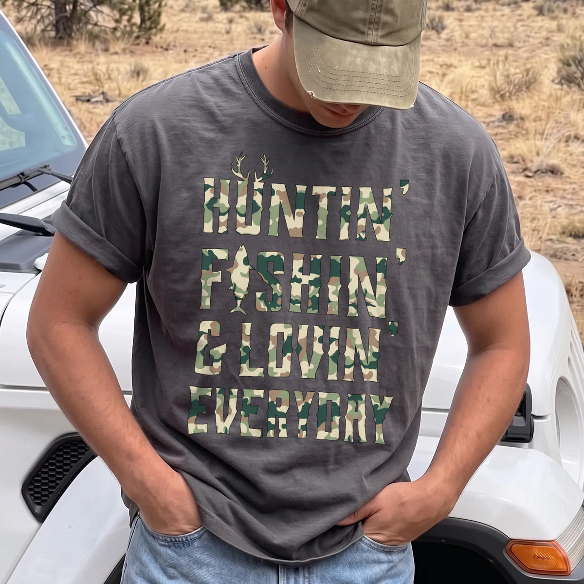 Huntin Fishin Lovin T-Shirt Men model in Pepper