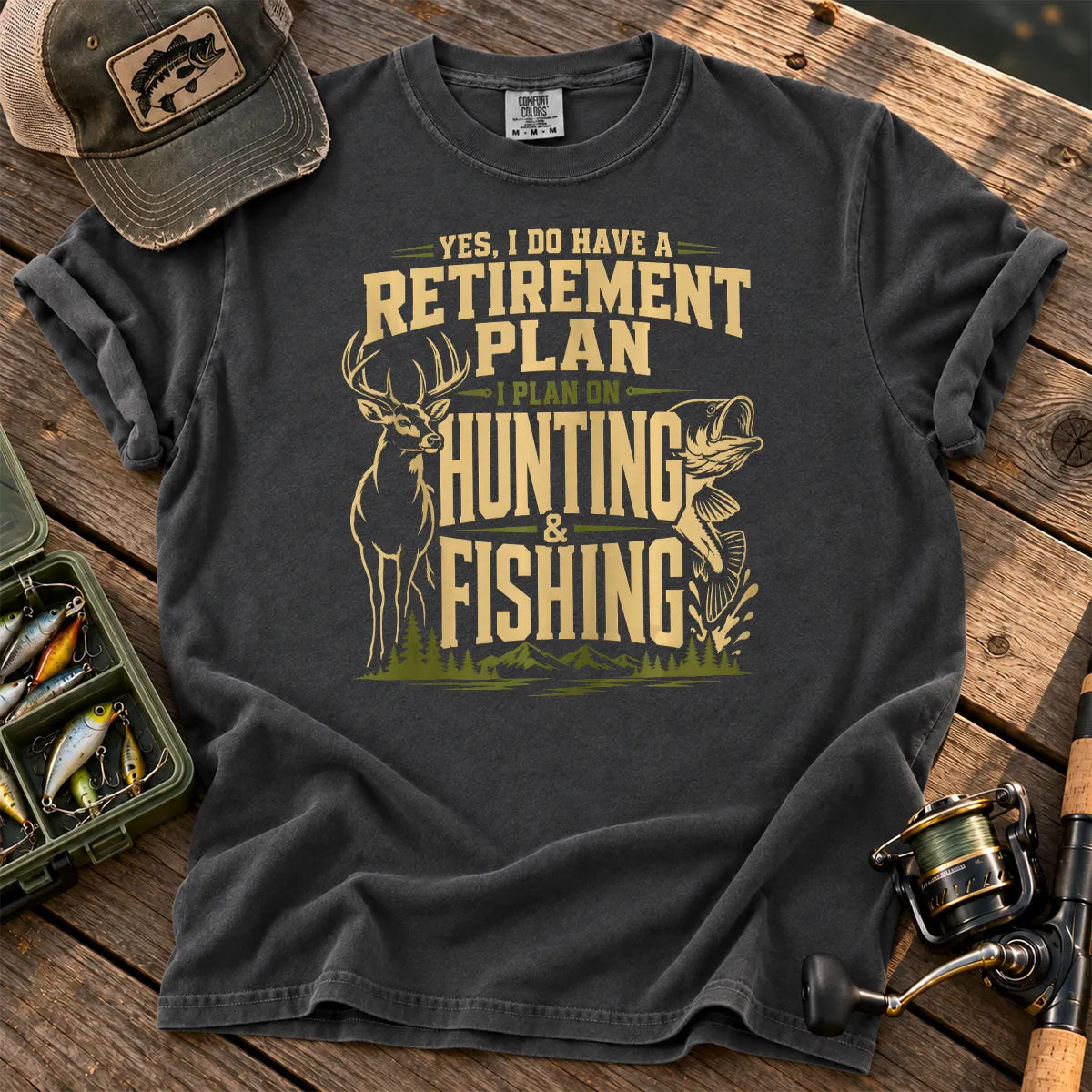 Hunting and Fishing Retirement Plan T-Shirt in Pepper
