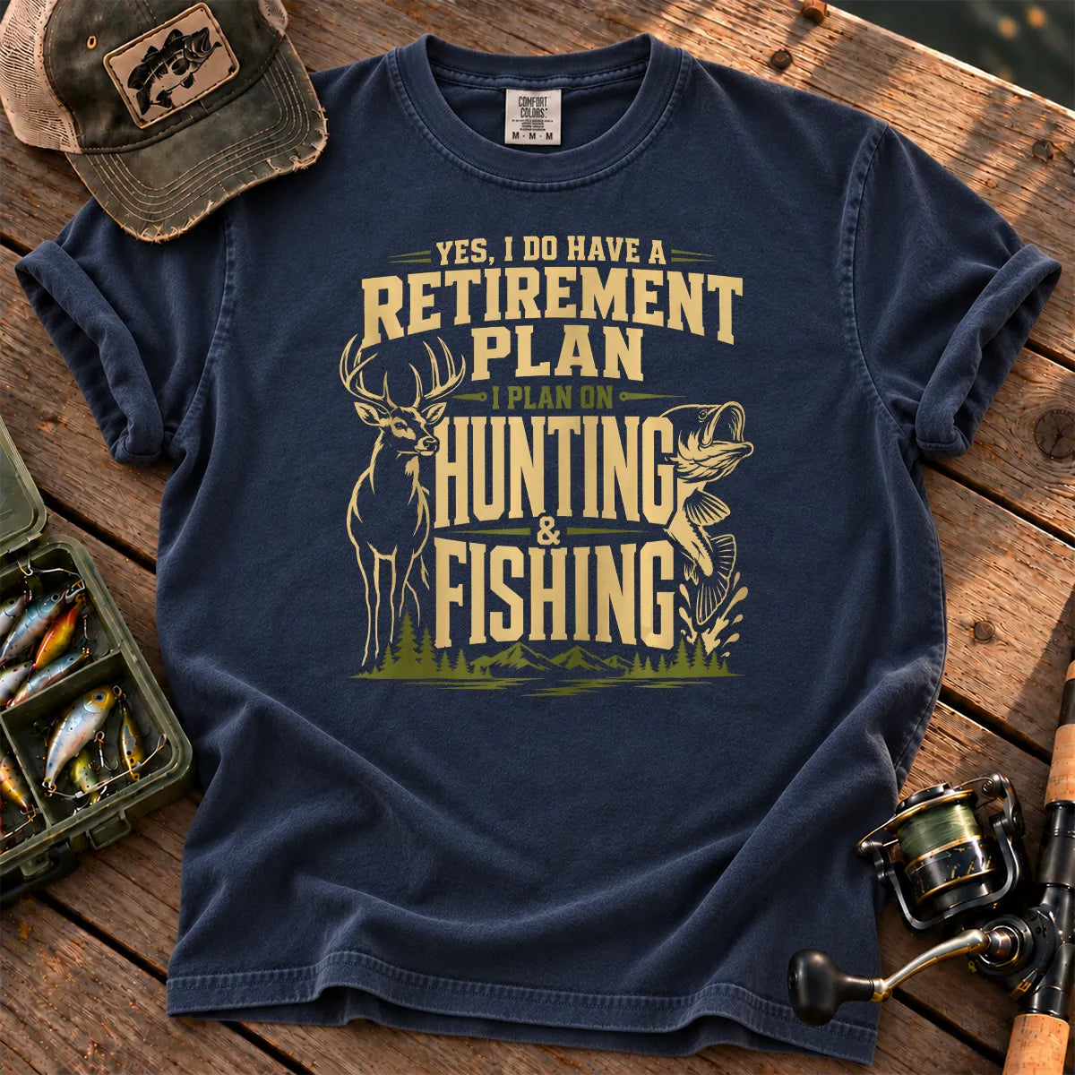 Hunting and Fishing Retirement Plan T-Shirt in True Navy