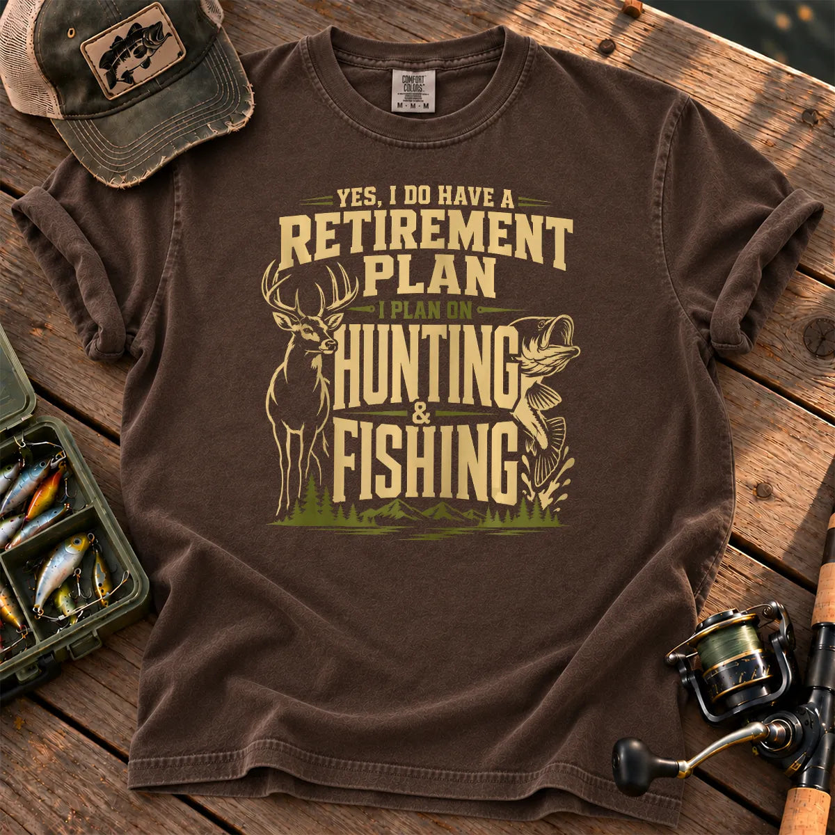 Hunting and Fishing Retirement Plan T-Shirt in Espresso