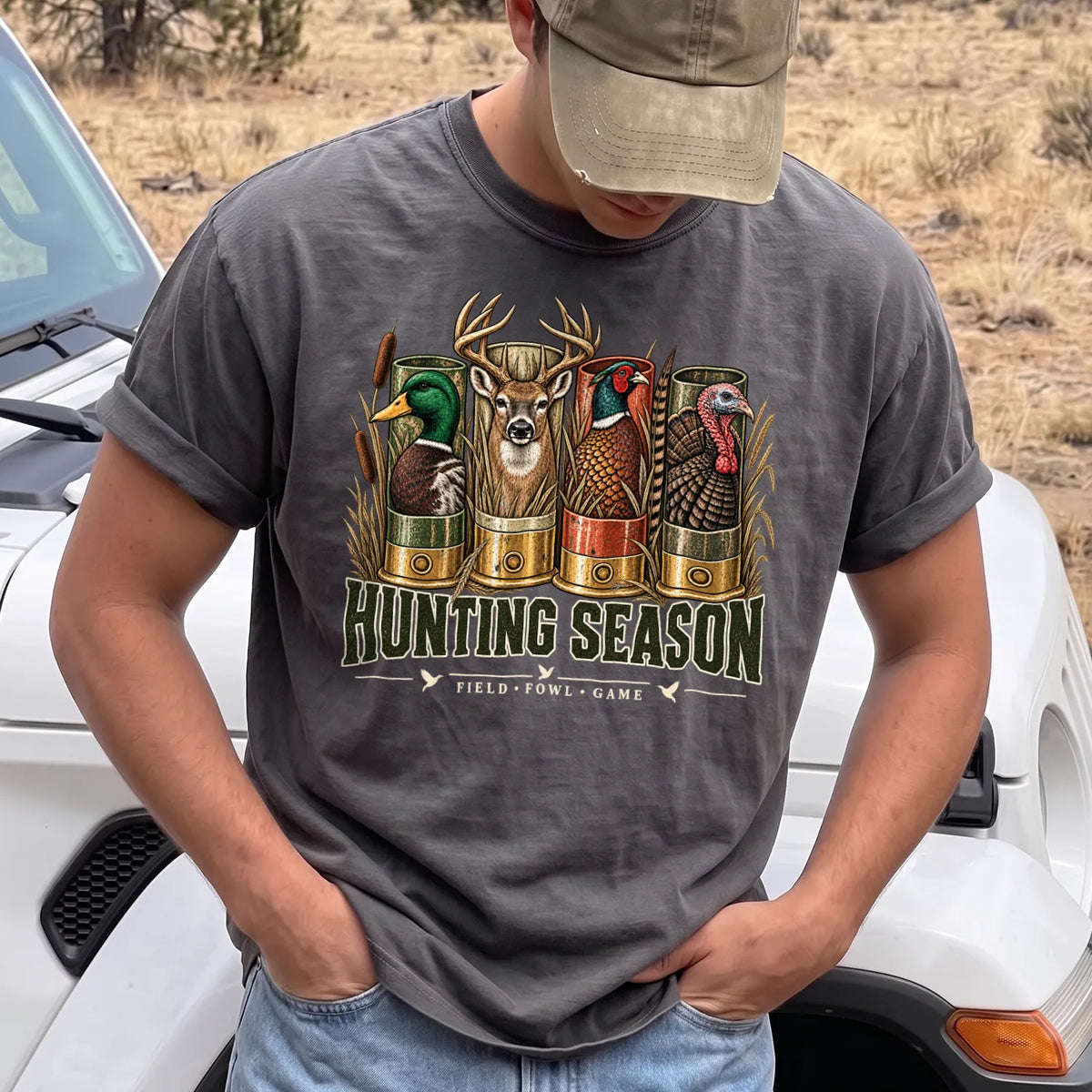 Hunting Season Field and Fowl T-Shirt Men model in Pepper