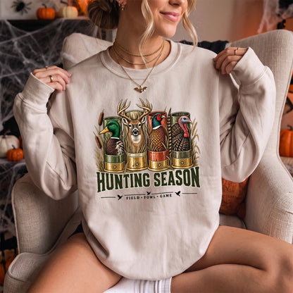 Hunting Season Field Fowl Game Sweatshirt Women model in Sand