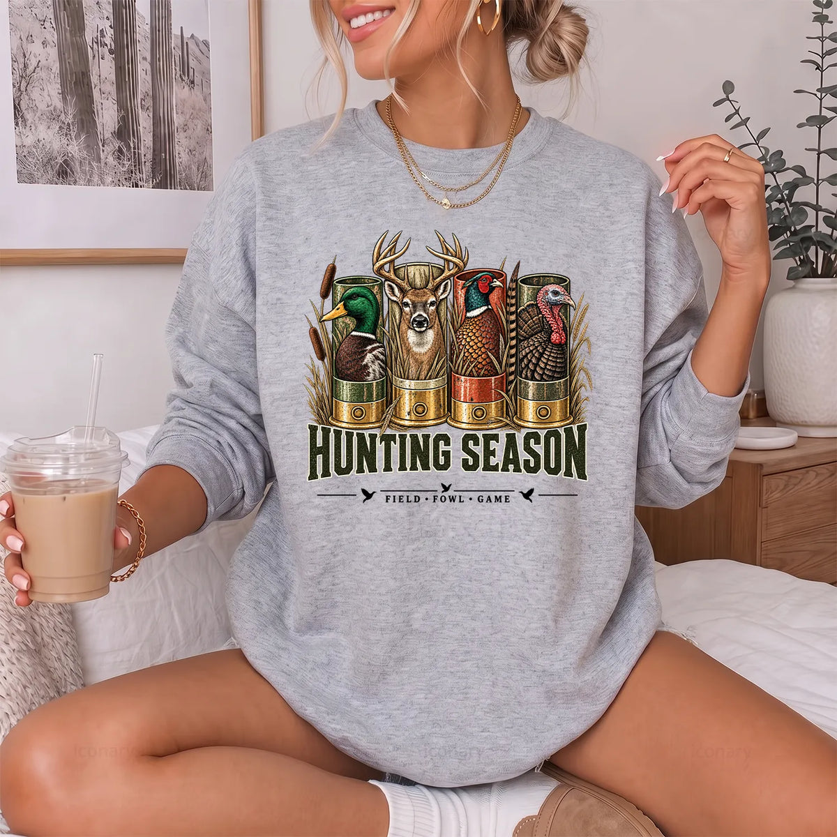 Hunting Season Field Fowl Game Sweatshirt Women model in Sport Grey