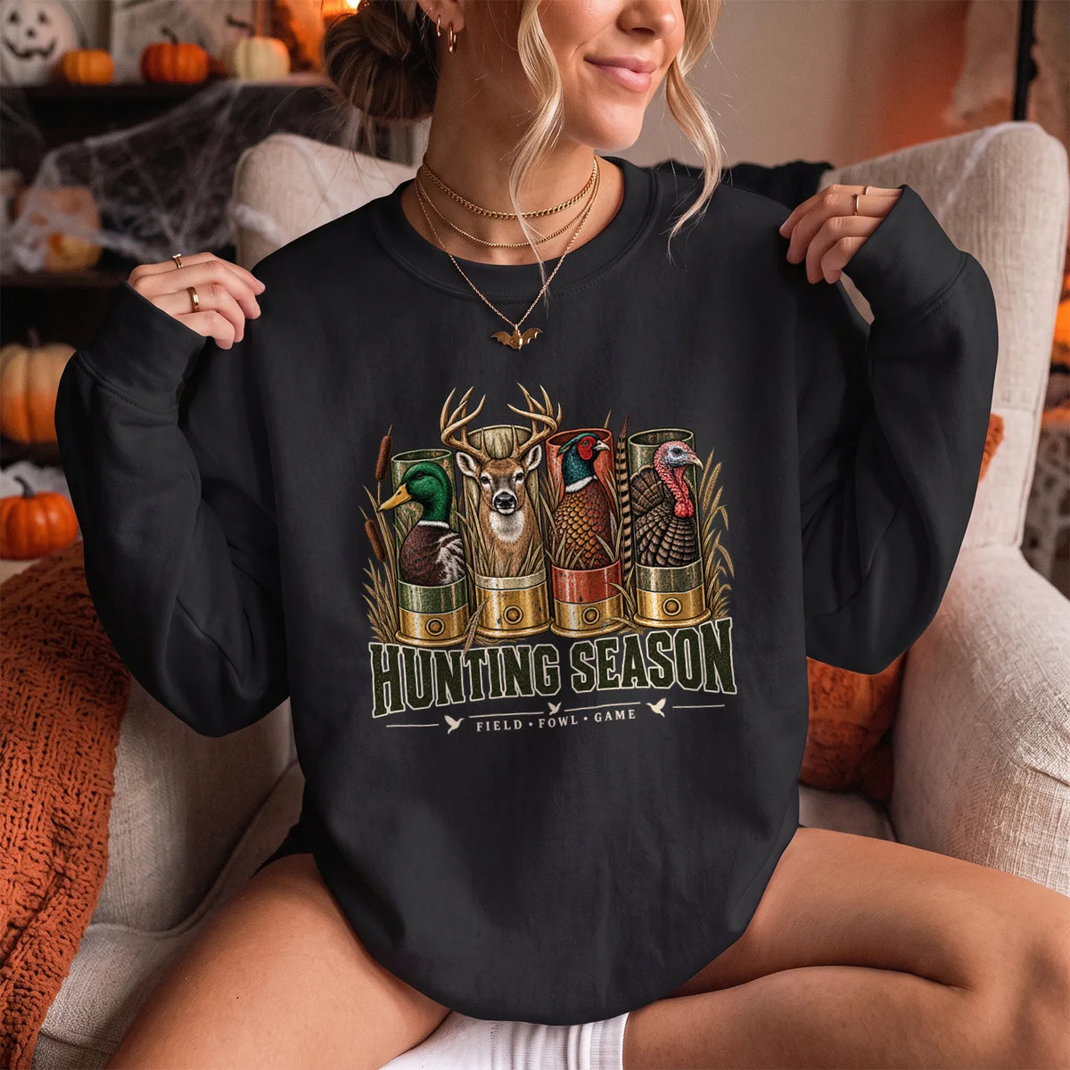 Hunting Season Field Fowl Game Sweatshirt Women model in Black