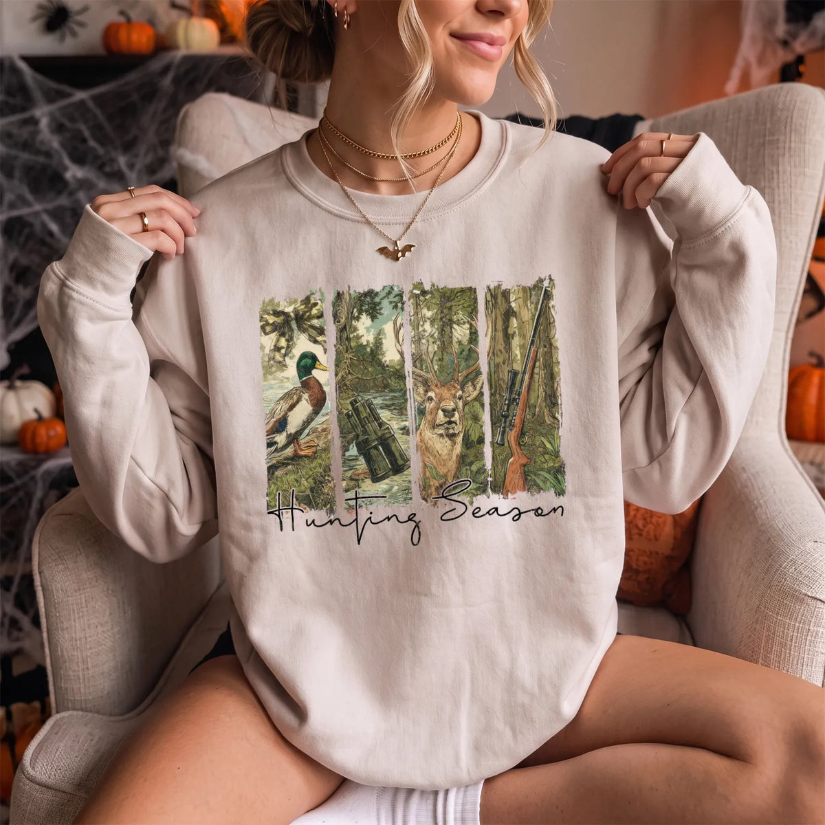 Hunting Season Forest Collage Sweatshirt Women model in Sand