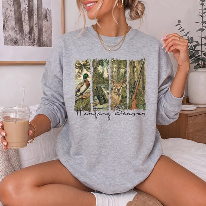 Hunting Season Forest Collage Sweatshirt Women model in Sport Grey
