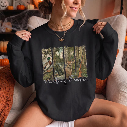 Hunting Season Forest Collage Sweatshirt Women model in Black