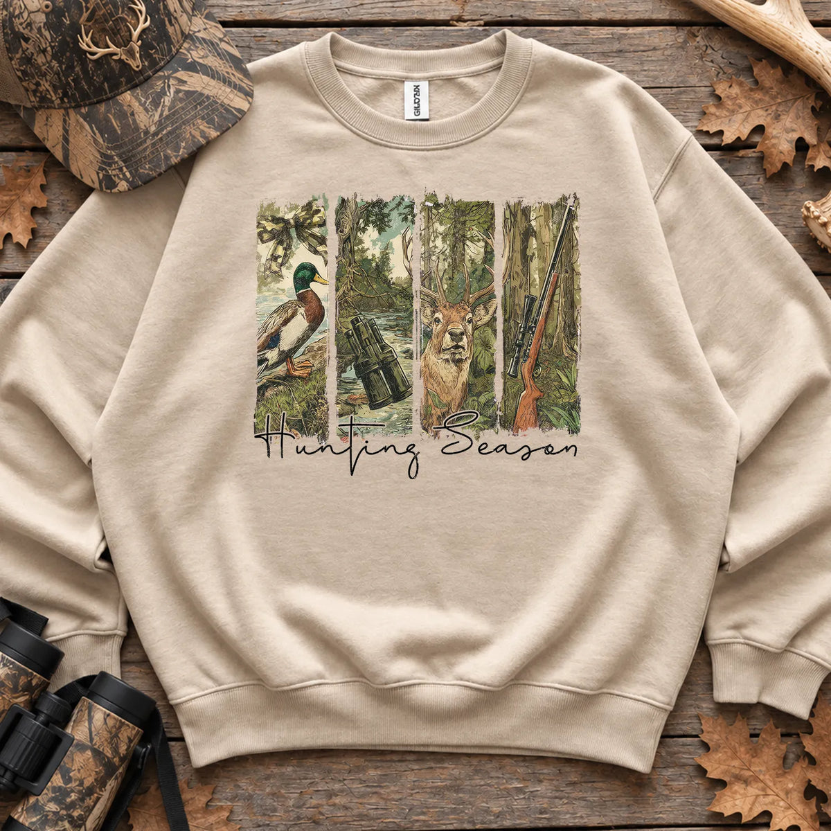 Hunting Season Forest Collage Sweatshirt in Sand