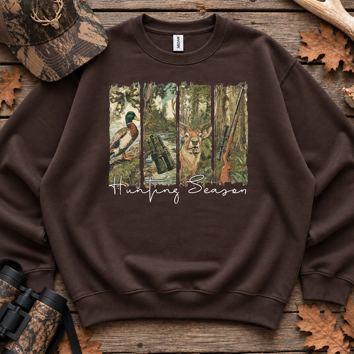 Hunting Season Forest Collage Sweatshirt in Dark Chocolate
