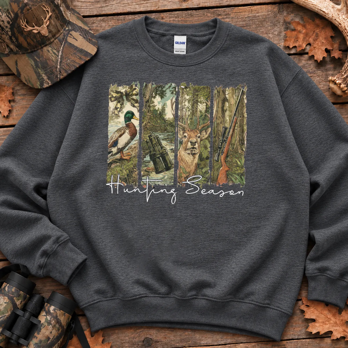 Hunting Season Forest Collage Sweatshirt in Dark Heather