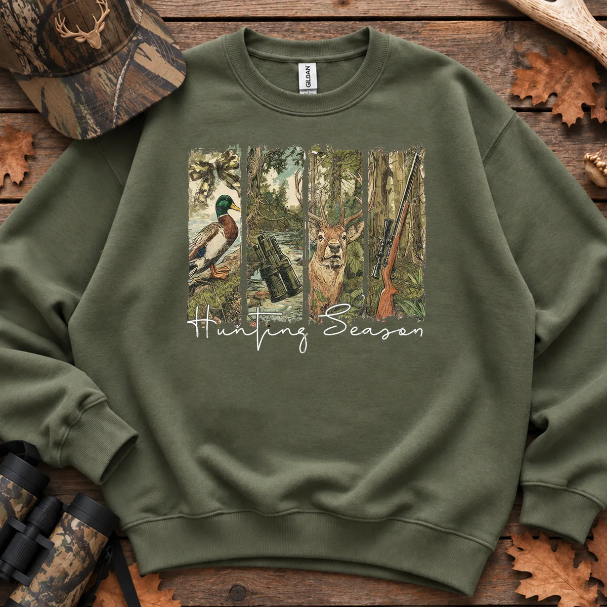 Hunting Season Forest Collage Sweatshirt in Military Green