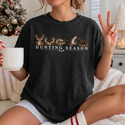 Hunting Season Wildlife Lineup T-Shirt Women model in Black