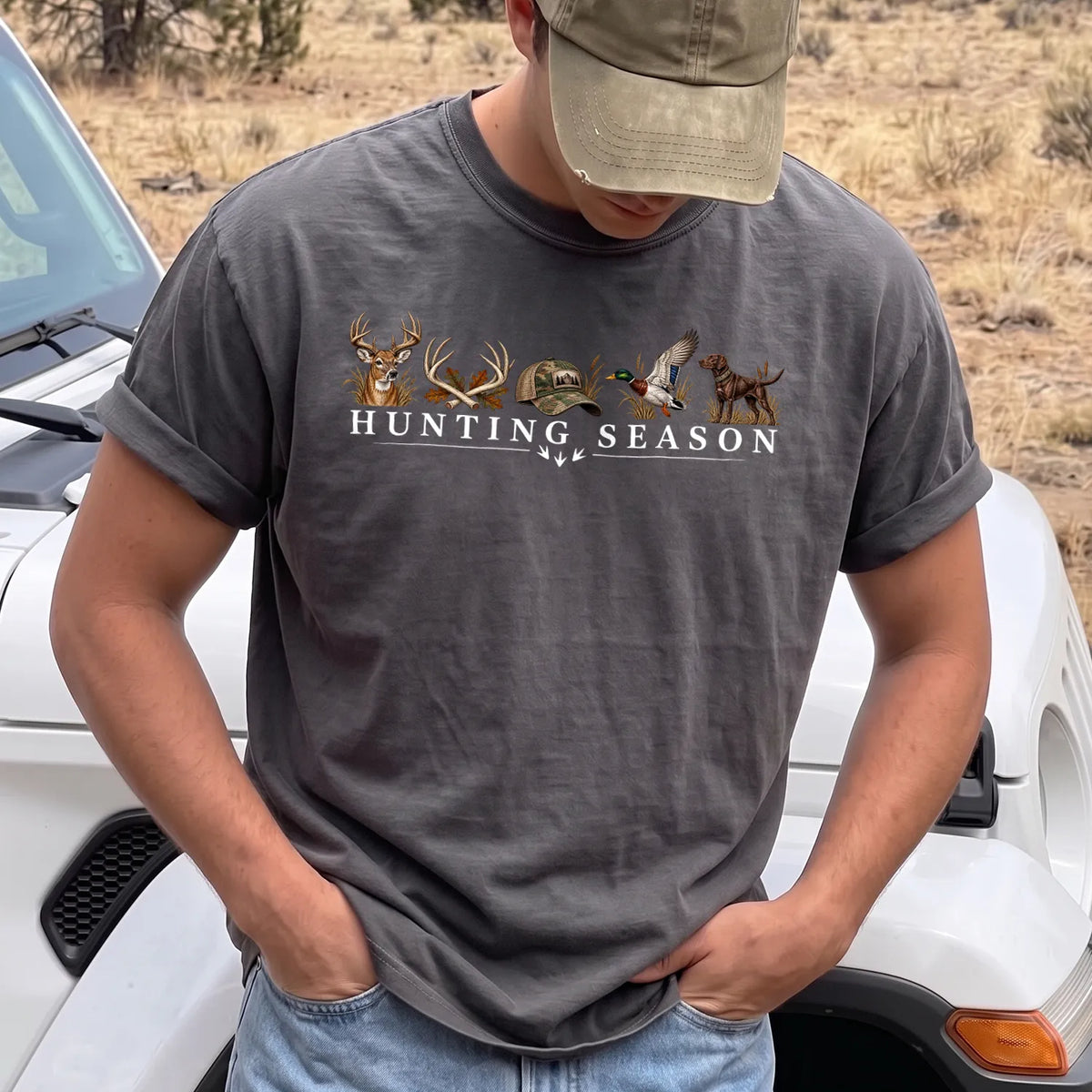 Hunting Season Wildlife Lineup T-Shirt Men model in Pepper