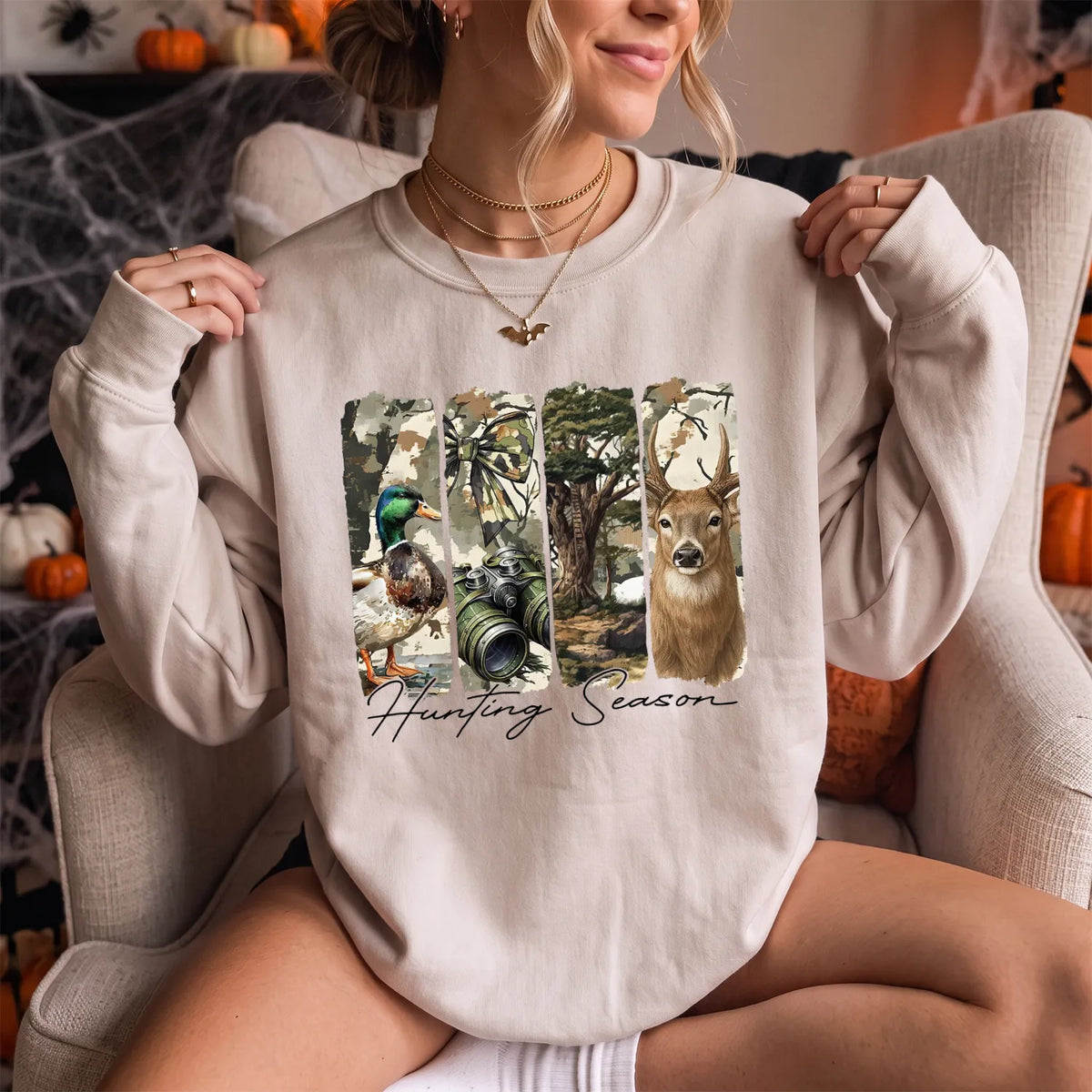 Hunting Season Wildlife Panels Sweatshirt Women model in Sand