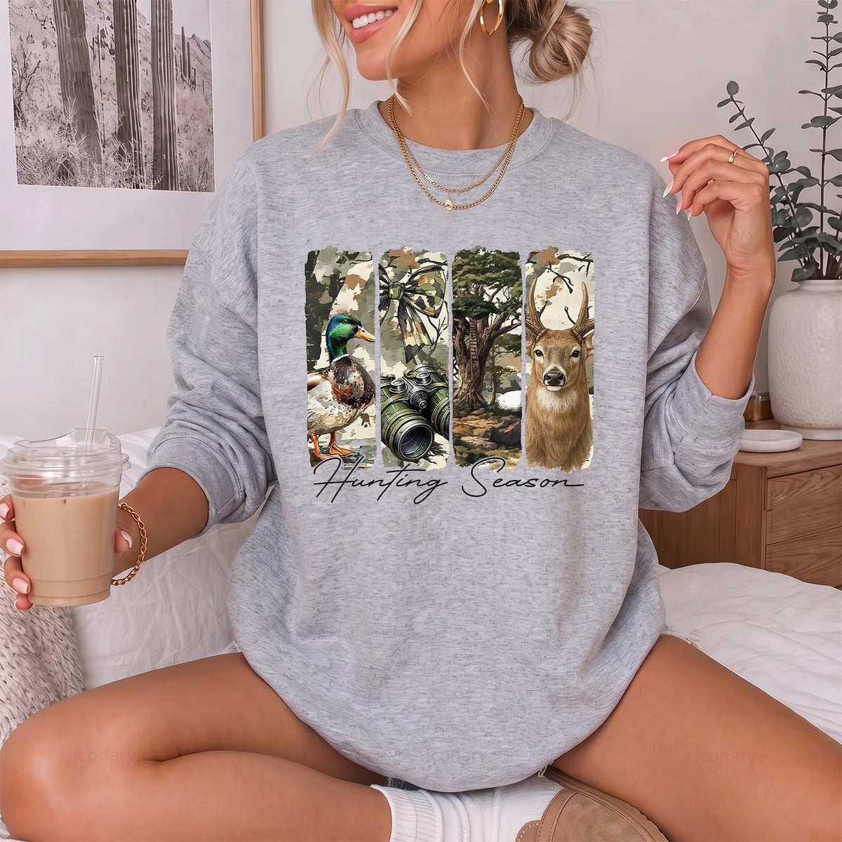 Hunting Season Wildlife Panels Sweatshirt Women model in Sport Grey