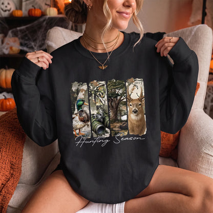 Hunting Season Wildlife Panels Sweatshirt Women model in Black