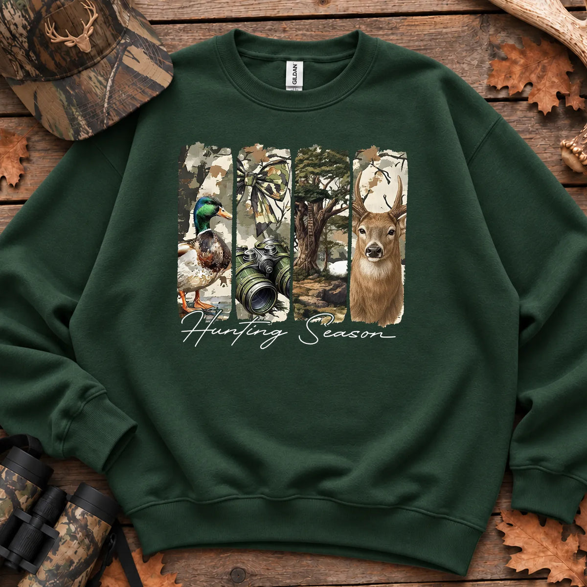 Hunting Season Wildlife Panels Sweatshirt in Forest Green
