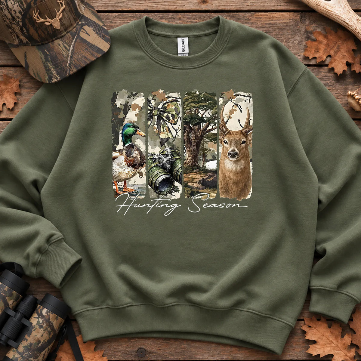 Hunting Season Wildlife Panels Sweatshirt in Military Green