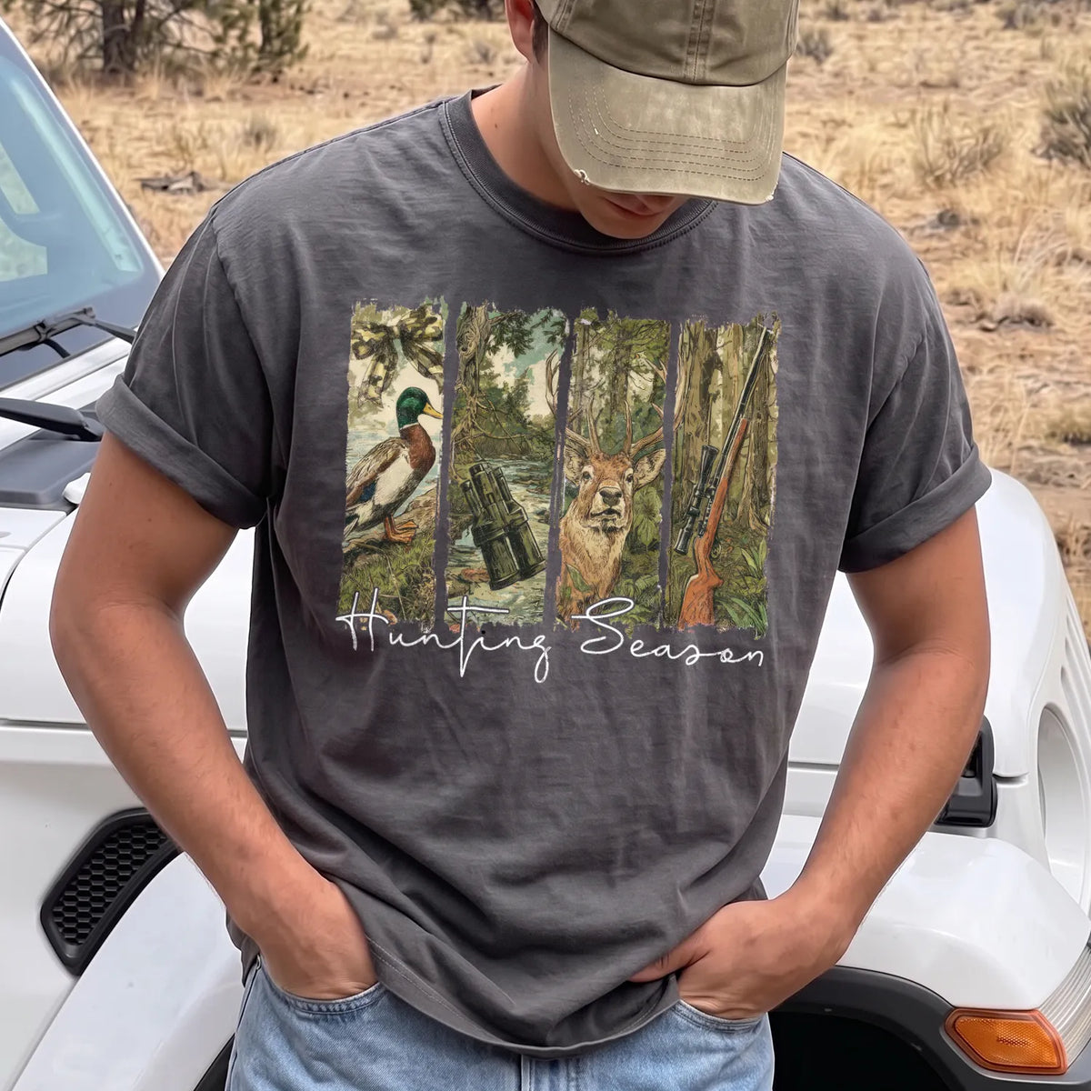 Hunting Season Wildlife T-Shirt Men model in Pepper