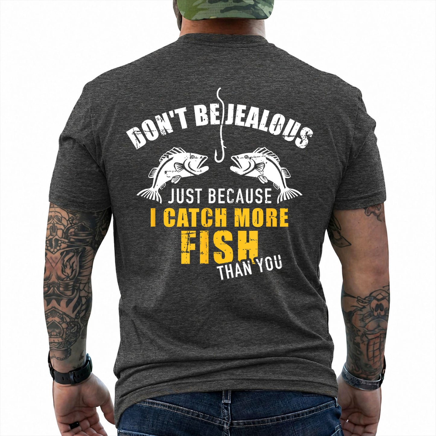 Dark Heather T-shirt back with two fish, hook, and I Catch More Fish Than You back slogan