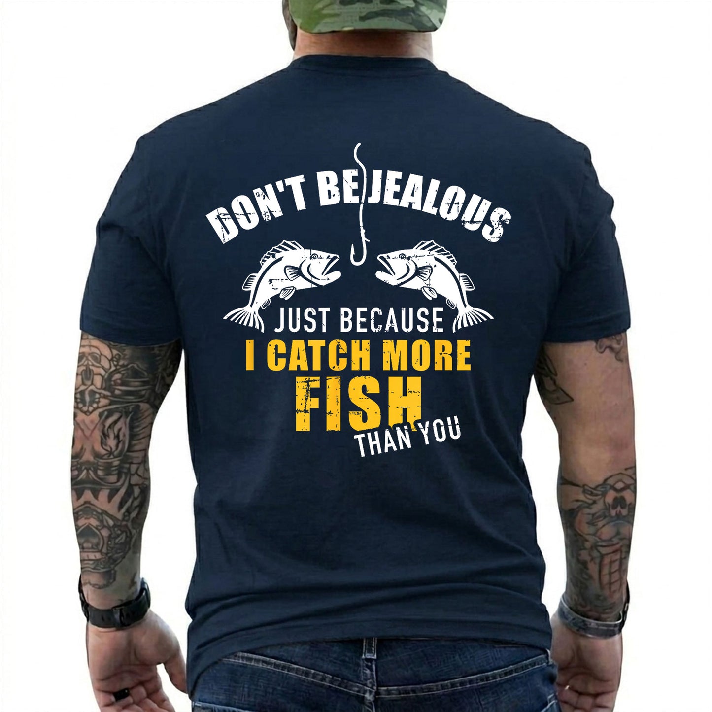 Forest Green T-shirt back with two fish, hook, and I Catch More Fish Than You back slogan
