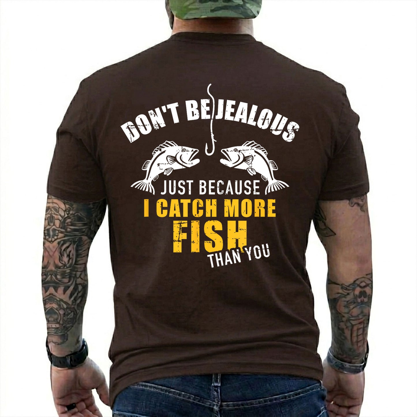 Dark Chocolate T-shirt back with two fish, hook, and I Catch More Fish Than You back slogan
