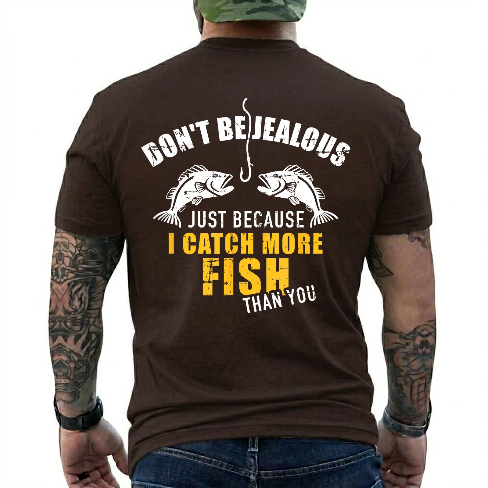Dark Chocolate T-shirt back with two fish, hook, and I Catch More Fish Than You back slogan