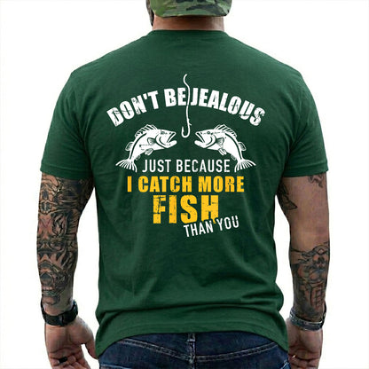 Navy T-shirt back with two fish, hook, and I Catch More Fish Than You back slogan