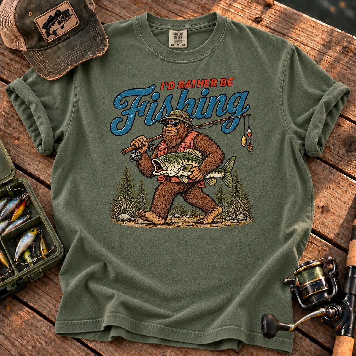 I'd Rather Be Fishing Bigfoot T-Shirt in Moss