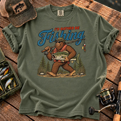 I'd Rather Be Fishing Bigfoot T-Shirt in Moss