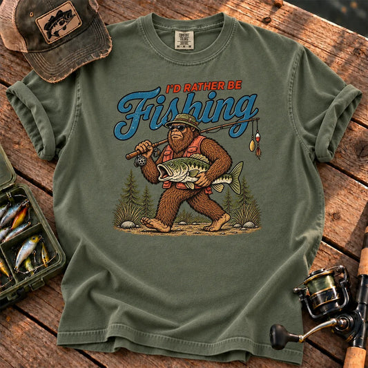I'd Rather Be Fishing Bigfoot T-Shirt in Moss