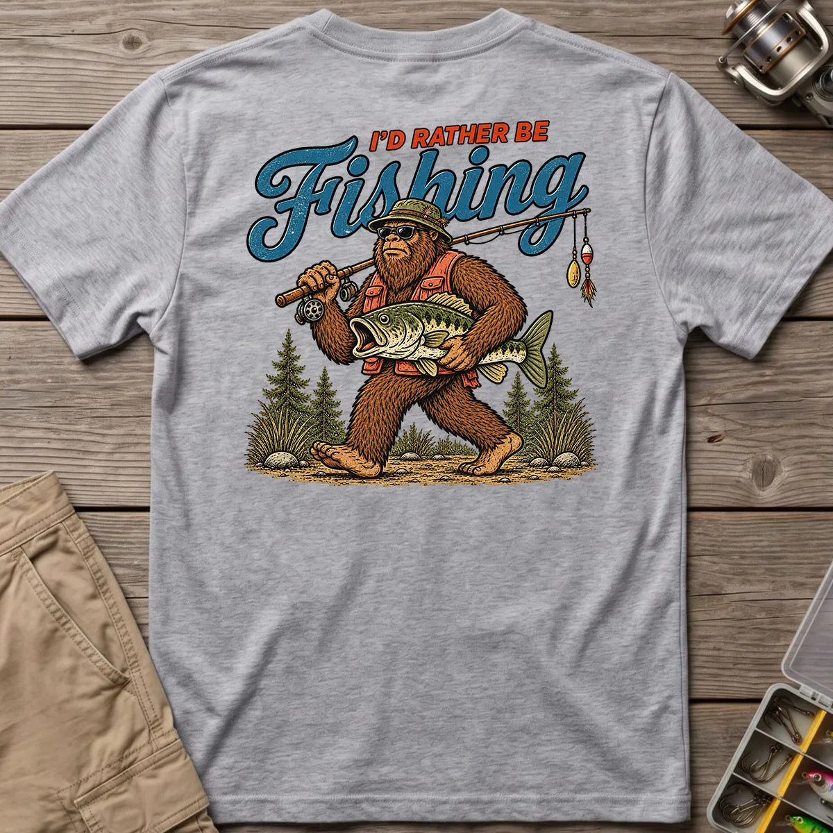 I'd Rather Be Fishing Bigfoot T-Shirt in Sport Grey