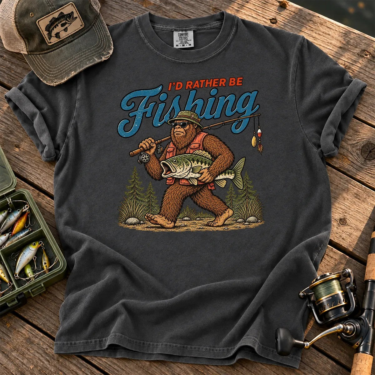 I'd Rather Be Fishing Bigfoot T-Shirt in Pepper