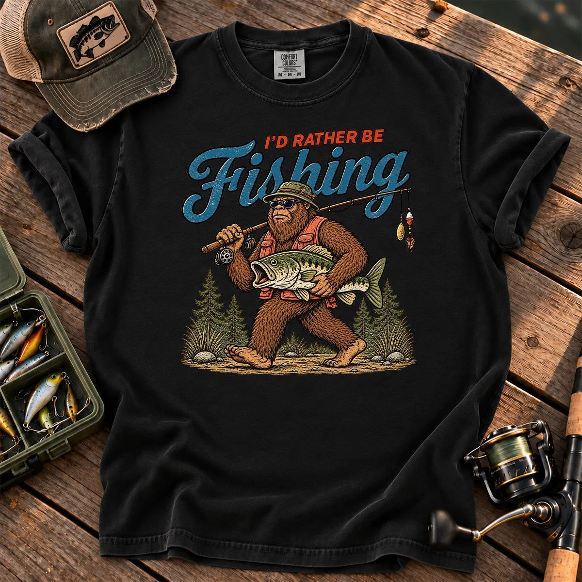 I'd Rather Be Fishing Bigfoot T-Shirt in Black