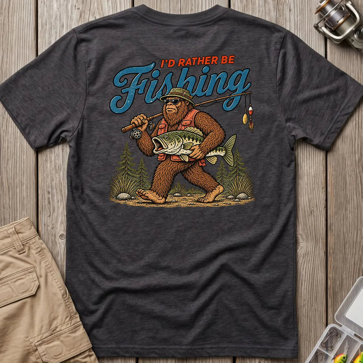 I'd Rather Be Fishing Bigfoot T-Shirt in Dark Heather