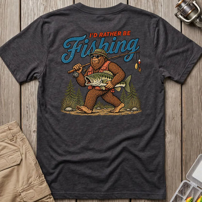 I'd Rather Be Fishing Bigfoot T-Shirt in Dark Heather