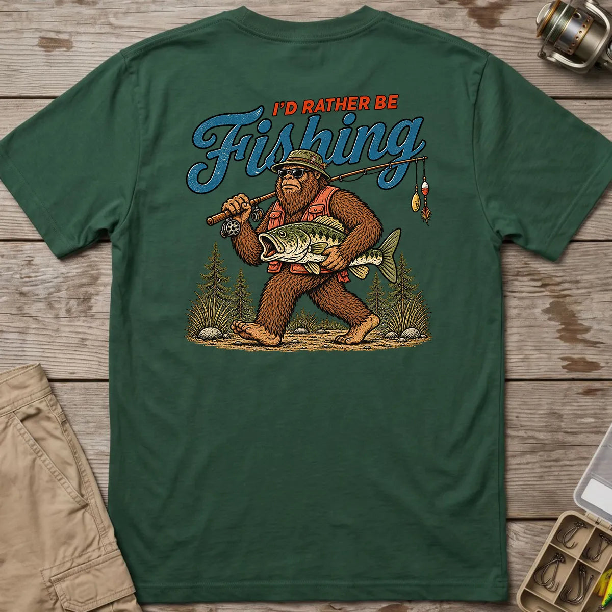 I'd Rather Be Fishing Bigfoot T-Shirt in Forest Green
