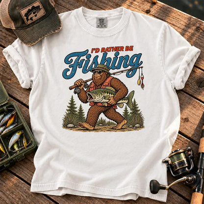 I'd Rather Be Fishing Bigfoot T-Shirt in White