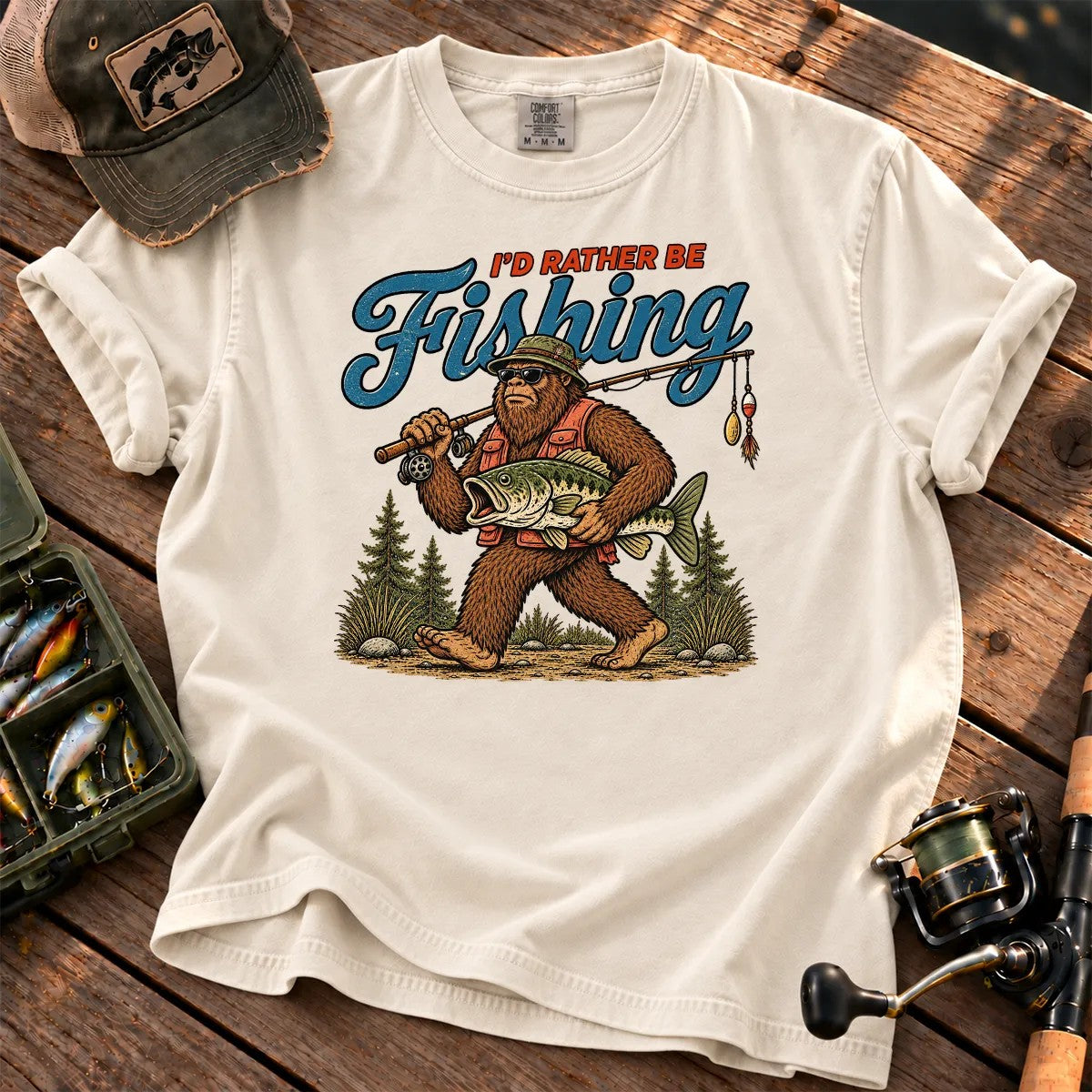 I'd Rather Be Fishing Bigfoot T-Shirt in Ivory