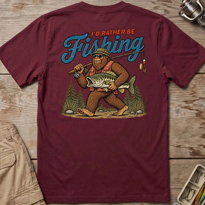 I'd Rather Be Fishing Bigfoot T-Shirt in Maroon