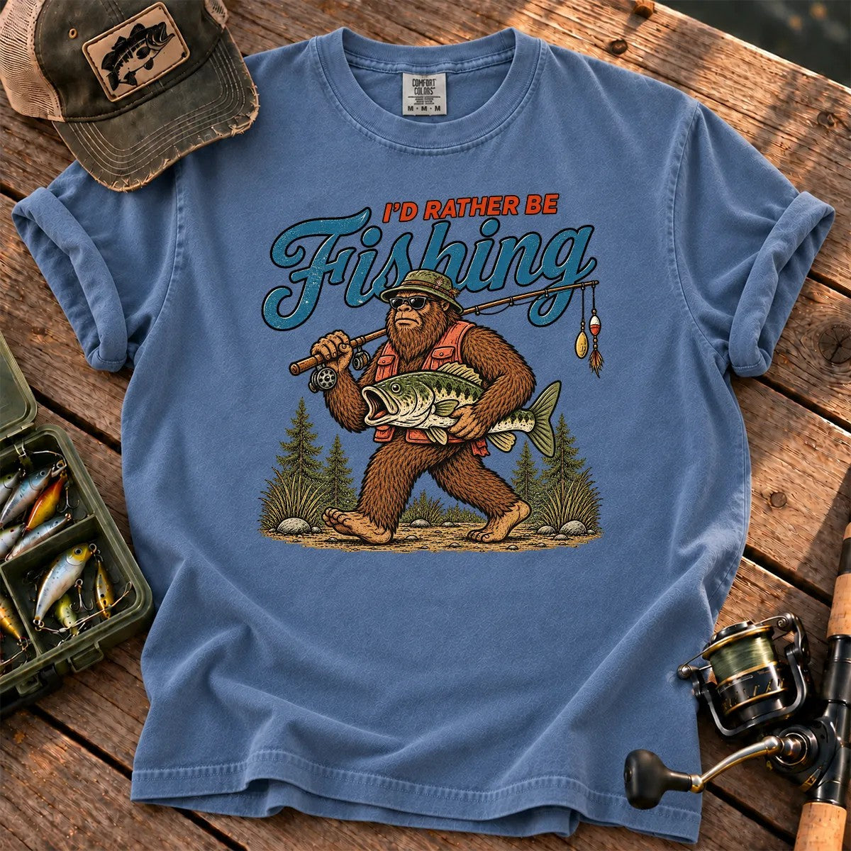 I'd Rather Be Fishing Bigfoot T-Shirt in Blue Jean
