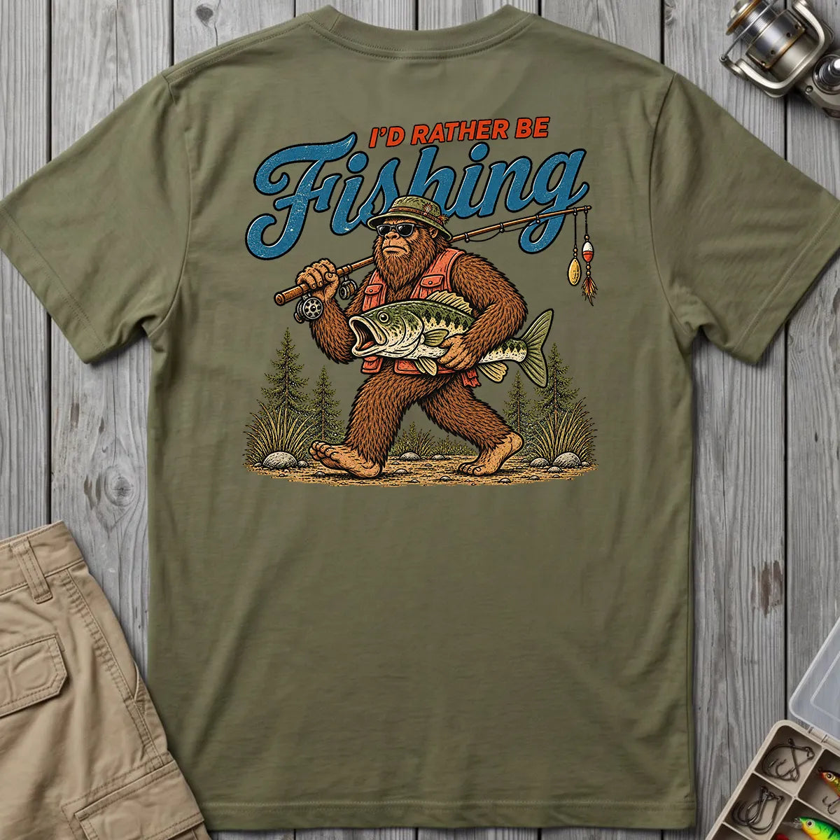 I'd Rather Be Fishing Bigfoot T-Shirt in Military Green