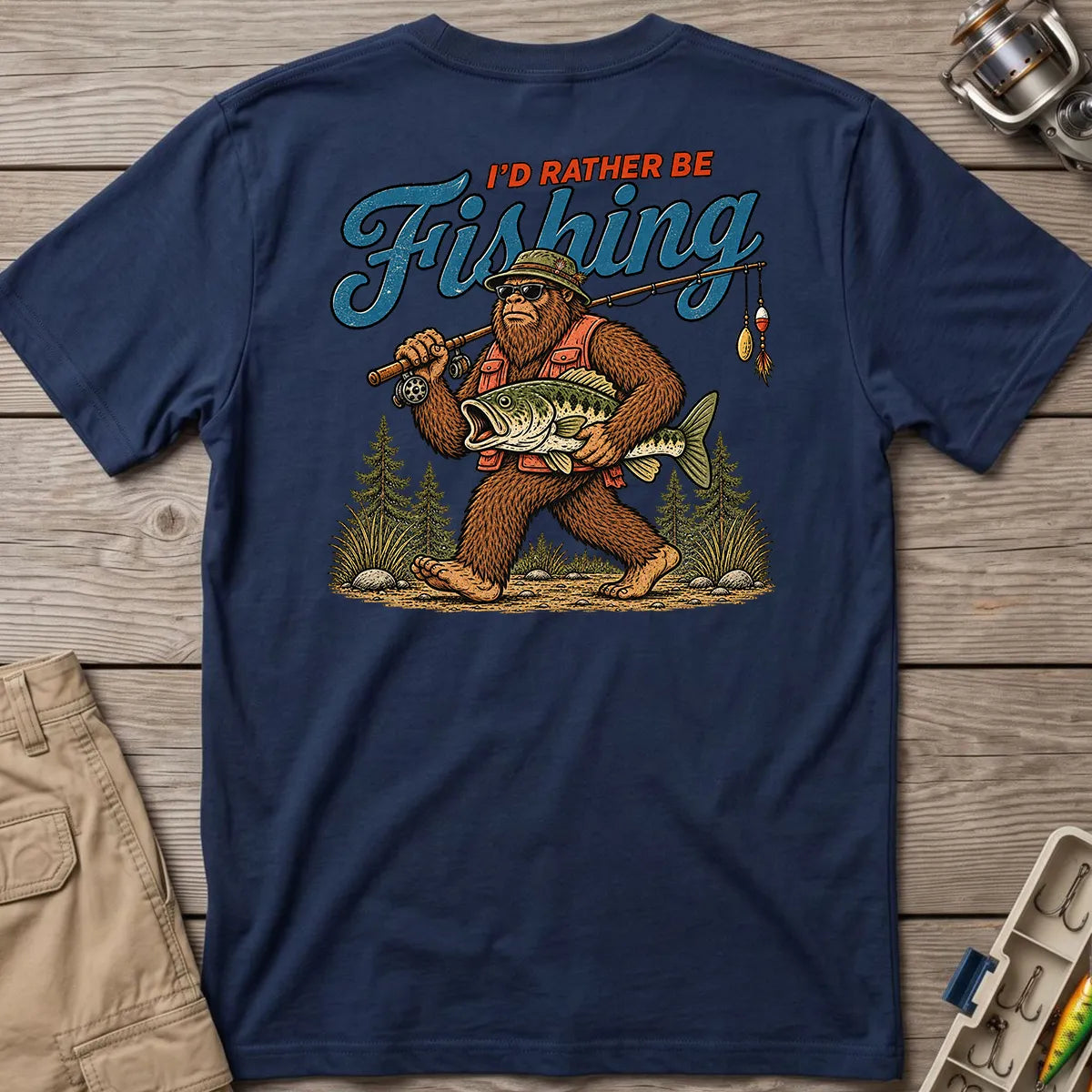 I'd Rather Be Fishing Bigfoot T-Shirt in Navy