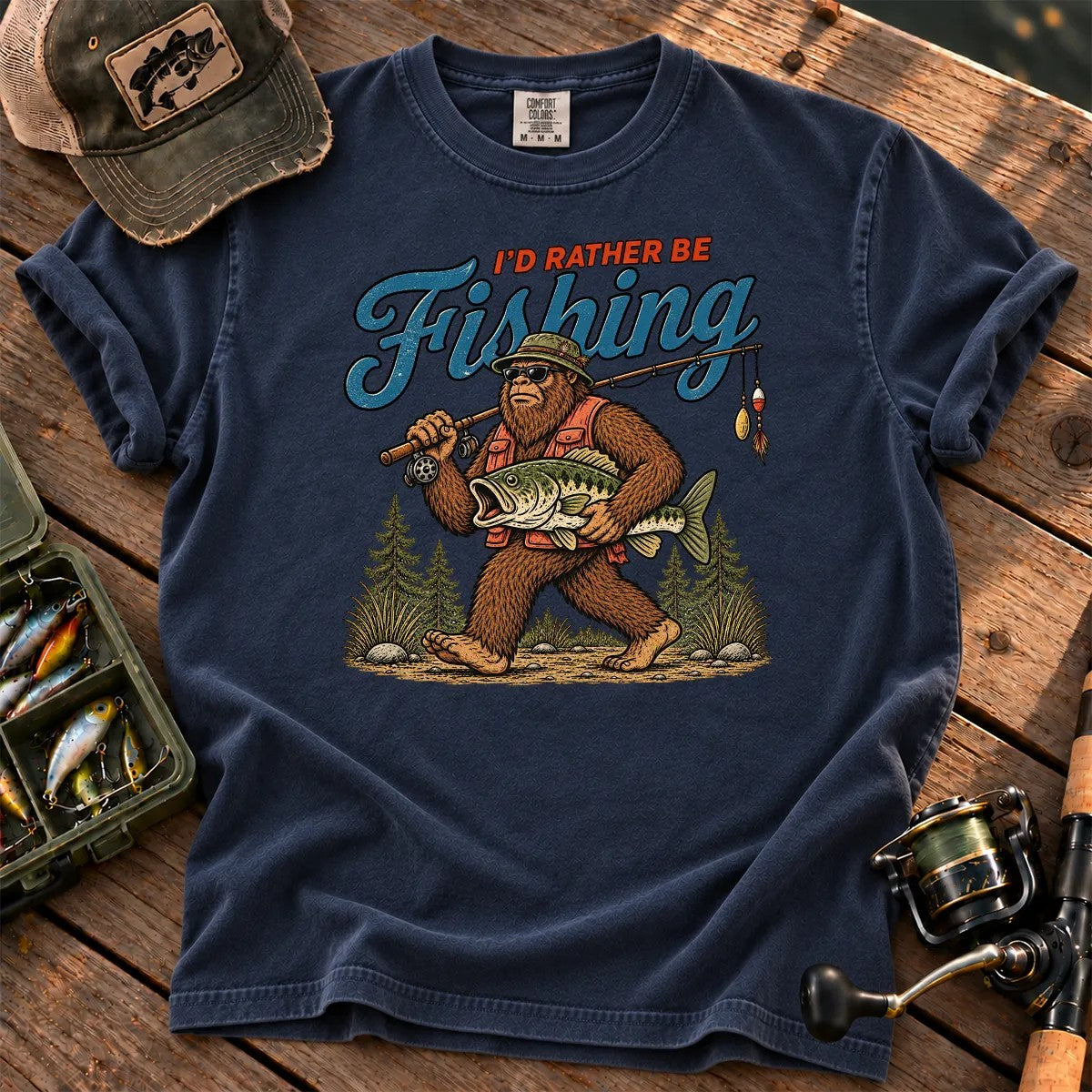 I'd Rather Be Fishing Bigfoot T-Shirt in True Navy