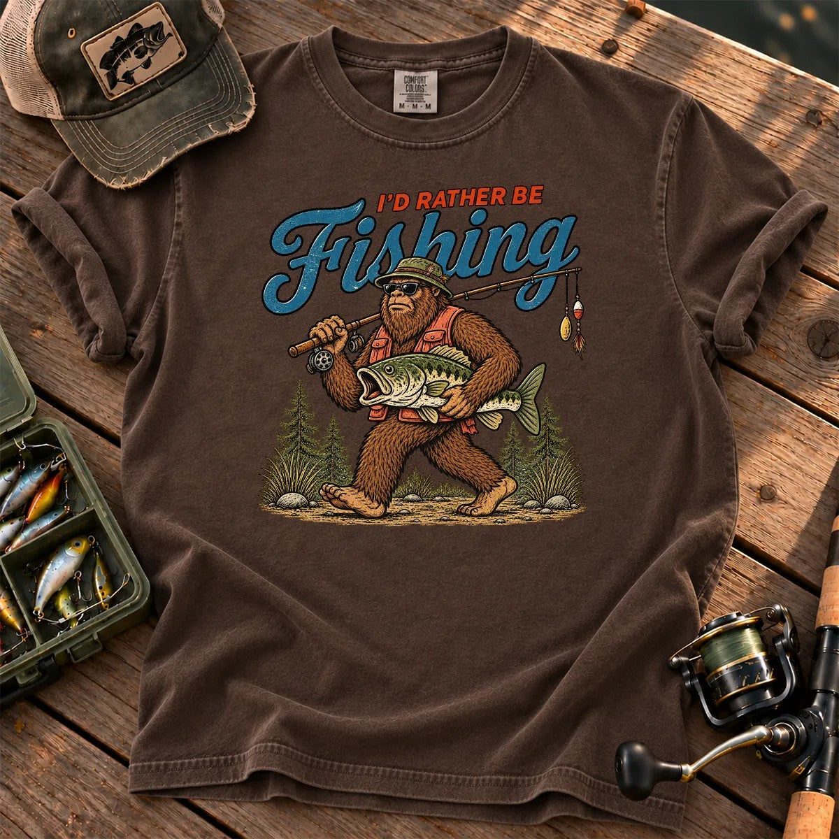 I'd Rather Be Fishing Bigfoot T-Shirt in Espresso