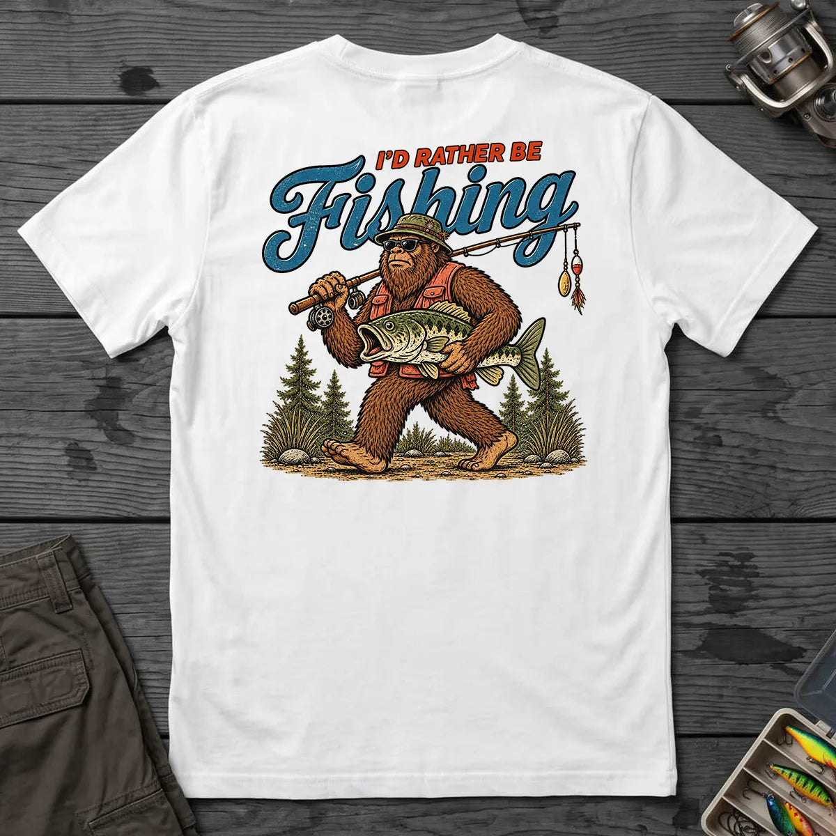 I'd Rather Be Fishing Bigfoot T-Shirt in White