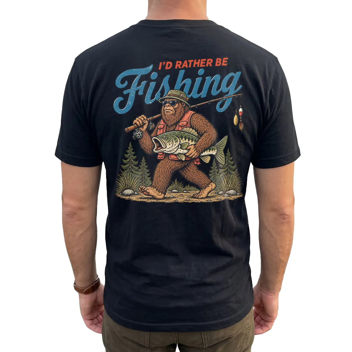 I'd Rather Be Fishing Bigfoot T-Shirt lifestyle mockup